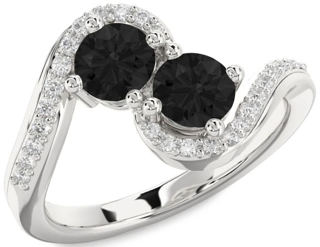 Black Diamond Silver Round Two Stone Ring