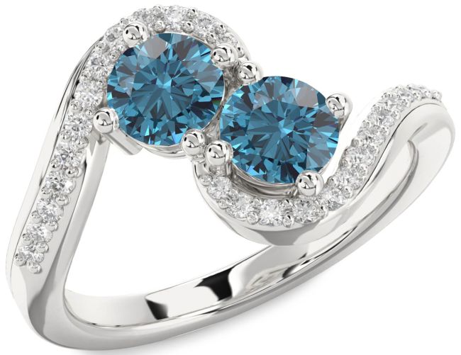 Blue Diamond Silver Round Two Stone Ring