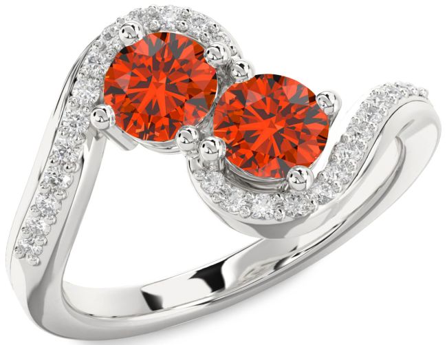 Diamond Fire Opal Silver Round Two Stone Ring