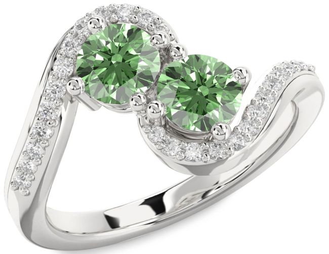 Green Diamond Silver Round Two Stone Ring
