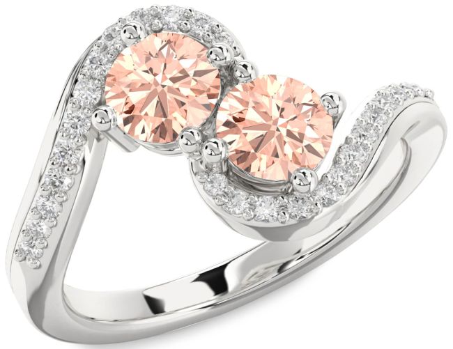 Diamond Morganite Silver Round Two Stone Ring