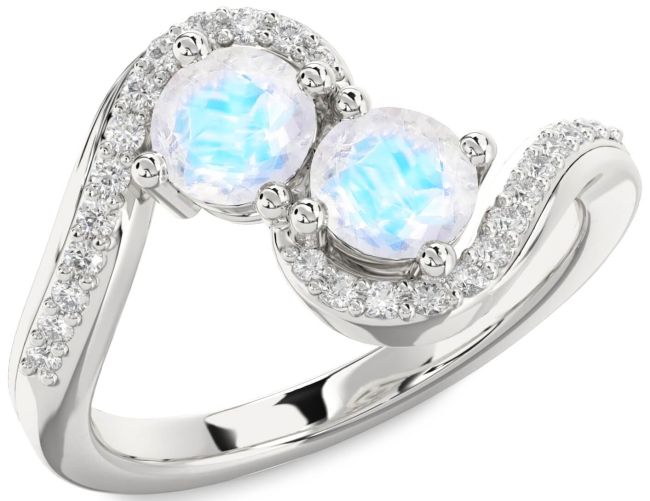 Diamond Moonstone Silver Round Two Stone Ring