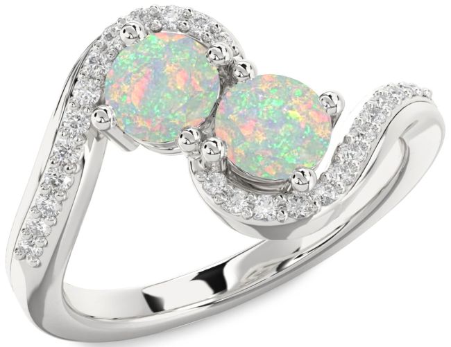 Diamond Opal Silver Round Two Stone Birthstone Ring