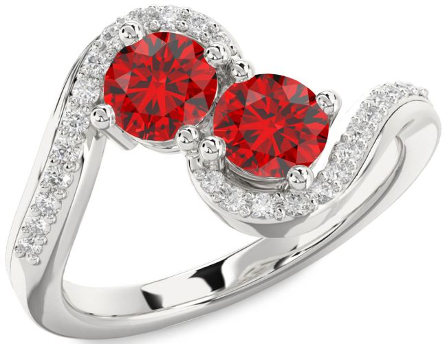 Diamond Ruby Silver Round Two Stone Birthstone Ring
