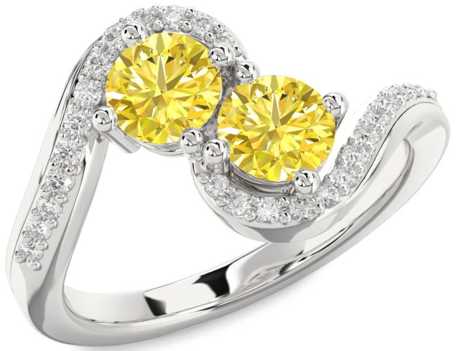 Yellow Diamond Silver Round Two Stone Ring