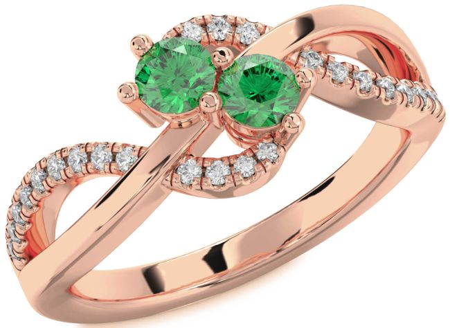 Diamond Emerald Rose Gold Round Two Stone Birthstone Ring
