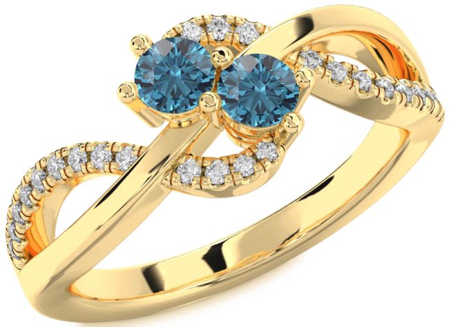 Blue Diamond Gold Silver Round Two Stone Ring