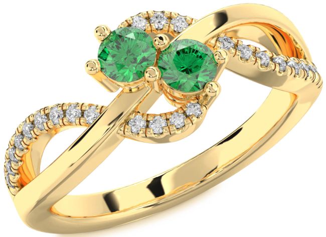 Diamond Emerald Gold Round Two Stone Birthstone Ring