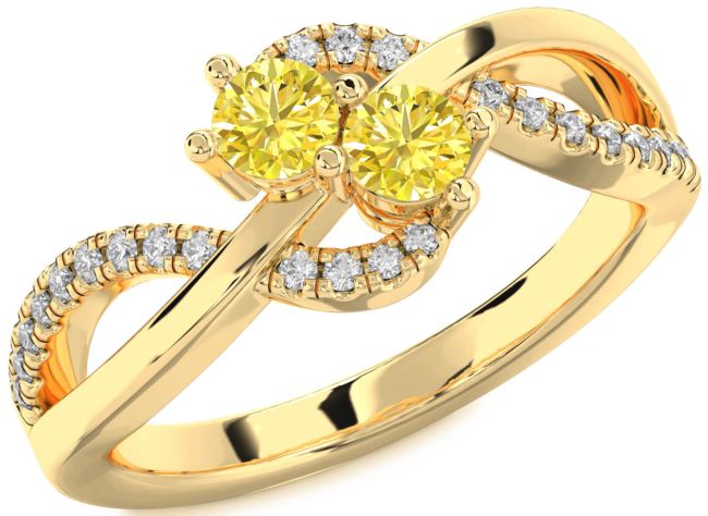Yellow Diamond Gold Silver Round Two Stone Ring
