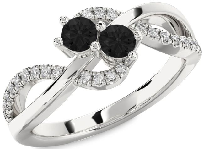 Black Diamond Silver Round Two Stone Ring