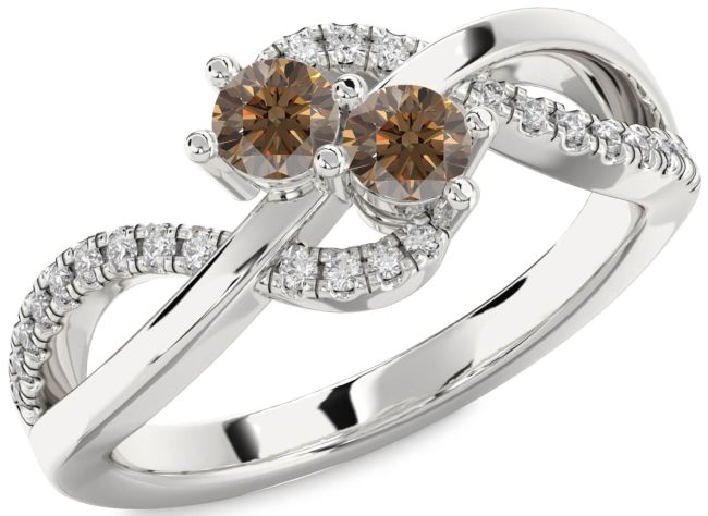 Chocolate Brown Diamond Silver Round Two Stone Ring