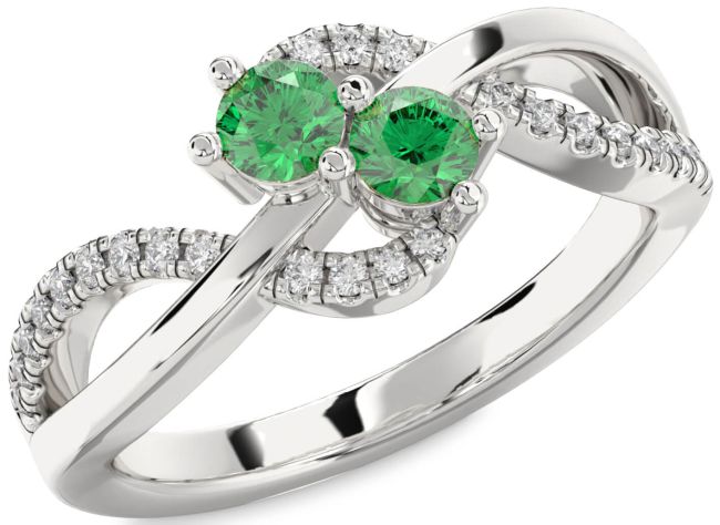 Diamond Emerald Silver Round Two Stone Birthstone Ring