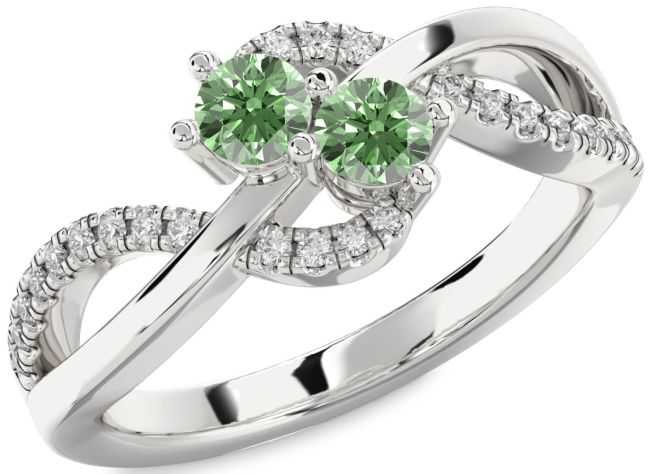 Green Diamond Silver Round Two Stone Ring
