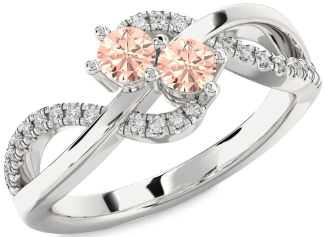 Diamond Morganite Silver Round Two Stone Ring