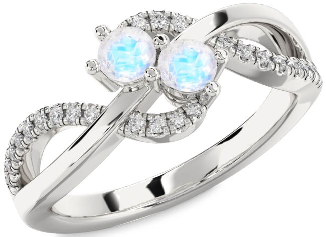 Diamond Moonstone Silver Round Two Stone Ring
