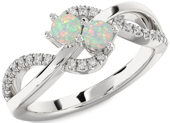 Diamond Opal Silver Round Two Stone Birthstone Ring