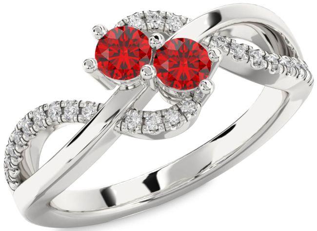 Diamond Ruby Silver Round Two Stone Birthstone Ring