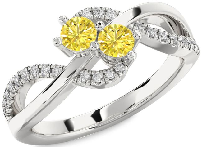 Yellow Diamond Silver Round Two Stone Ring