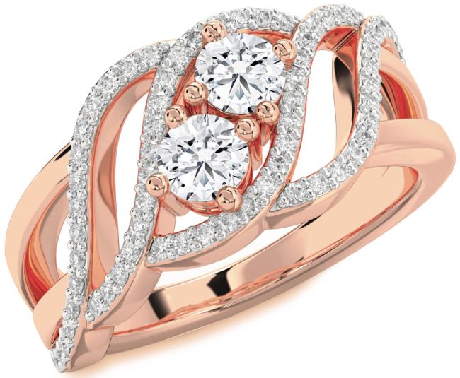 Diamond Rose Gold Silver Knot Round Two Stone Ring