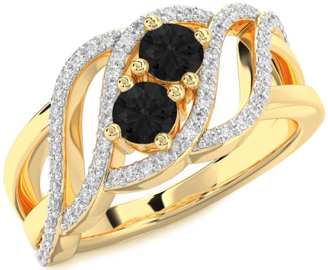 Black Diamond Gold Silver Knot Round Two Stone Ring