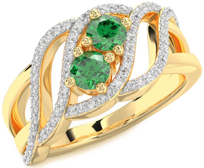 Diamond Emerald Gold Knot Round Two Stone Birthstone Ring