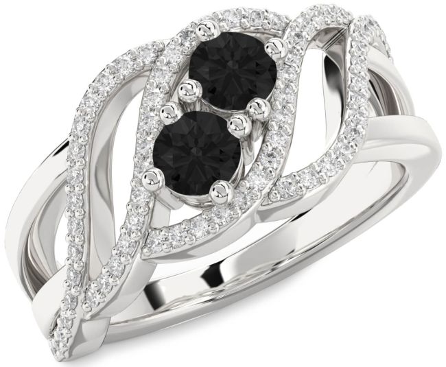 Black Diamond Silver Knot Round Two Stone Ring