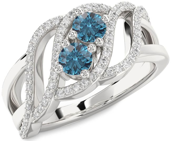 Blue Diamond Silver Knot Round Two Stone Ring