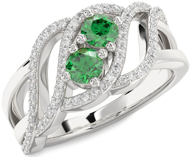 Diamond Emerald Silver Knot Round Two Stone Birthstone Ring