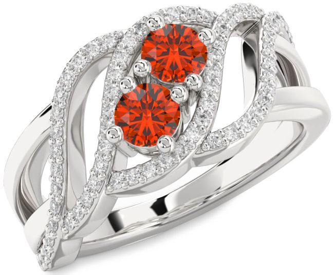 Diamond Fire Opal Silver Knot Round Two Stone Ring
