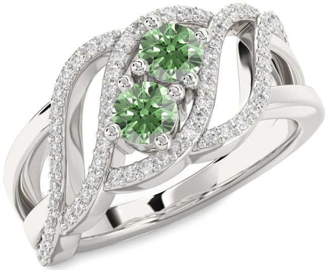 Green Diamond Silver Knot Round Two Stone Ring