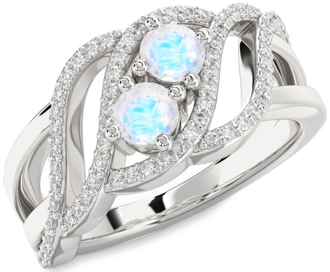 Diamond Moonstone Silver Knot Round Two Stone Ring