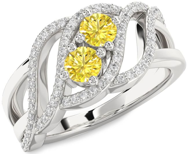 Yellow Diamond Silver Knot Round Two Stone Ring