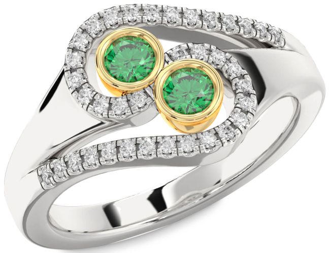 Diamond Emerald Gold Silver Round Two Stone Birthstone Ring