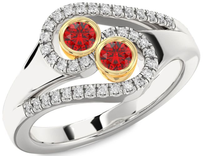 Diamond Ruby Gold Silver Round Two Stone Birthstone Ring