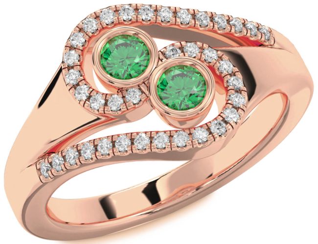 Diamond Emerald Rose Gold Round Two Stone Birthstone Ring