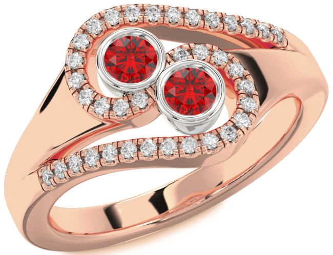 Diamond Ruby Rose Gold Silver Round Two Stone Birthstone Ring