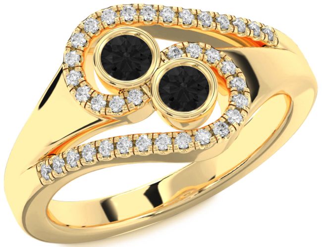 Black Diamond Gold Silver Round Two Stone Ring