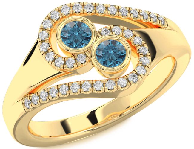 Blue Diamond Gold Silver Round Two Stone Ring