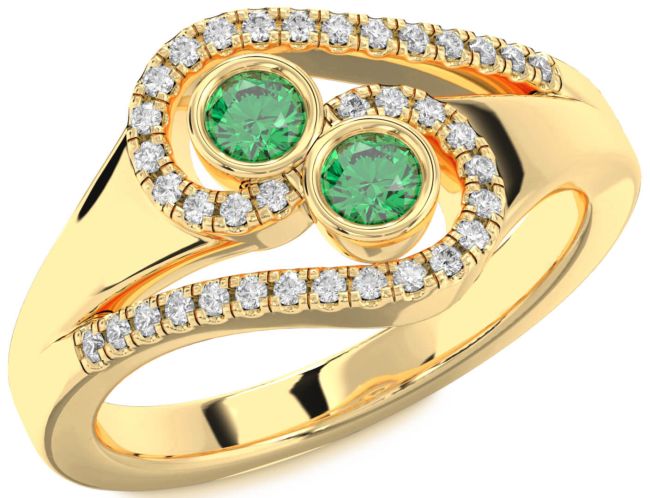 Diamond Emerald Gold Round Two Stone Birthstone Ring