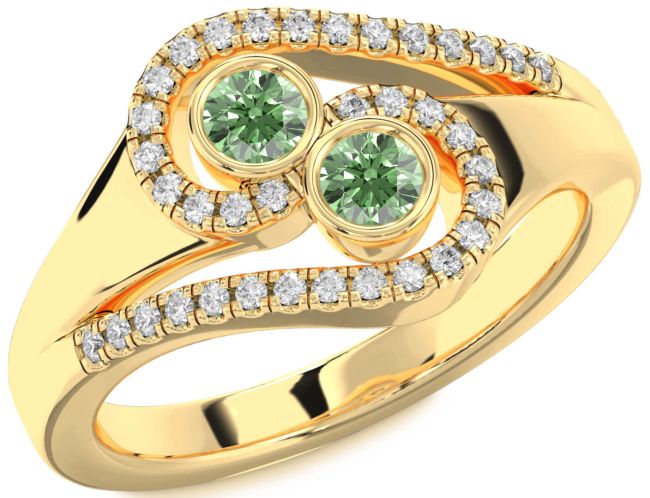 Green Diamond Gold Silver Round Two Stone Ring
