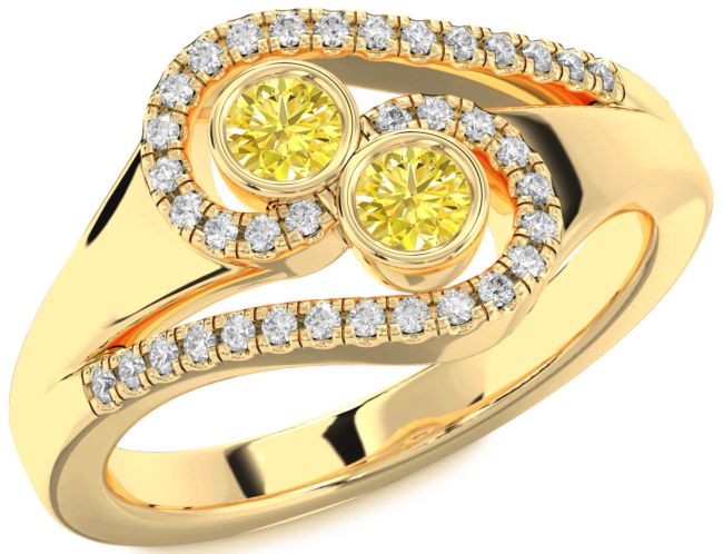 Yellow Diamond Gold Silver Round Two Stone Ring