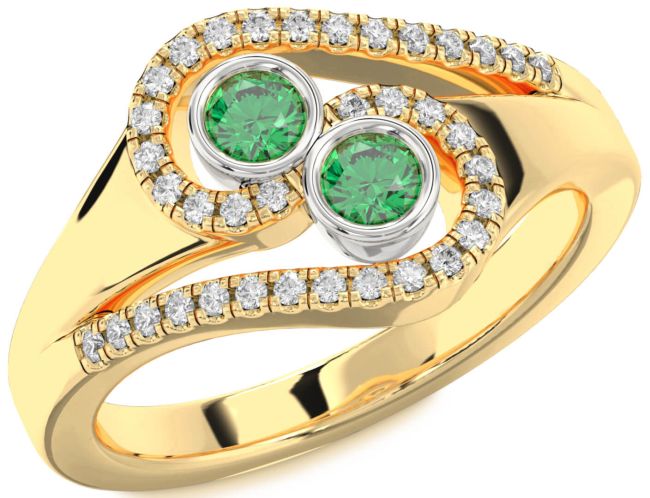 Diamond Emerald Gold Silver Round Two Stone Birthstone Ring