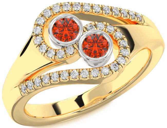 Diamond Fire Opal Gold Silver Round Two Stone Ring