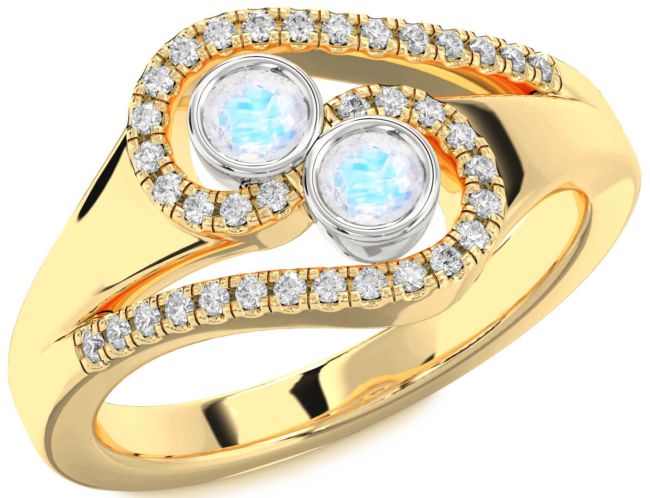 Diamond Moonstone Gold Silver Round Two Stone Ring