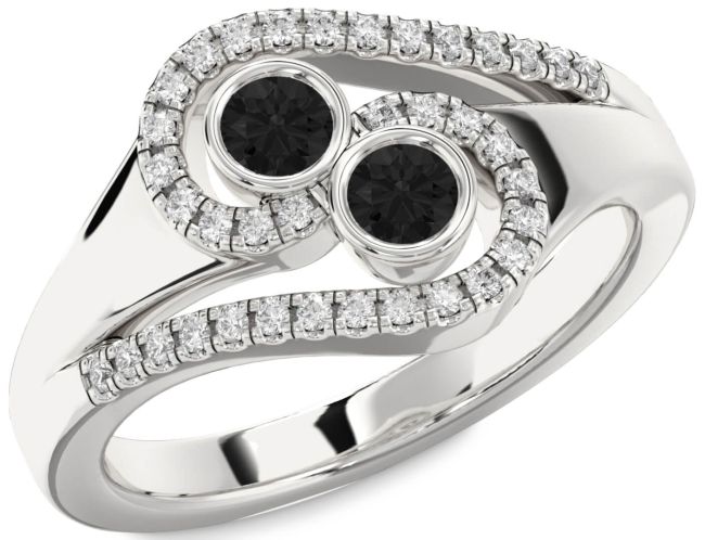 Black Diamond Silver Round Two Stone Ring