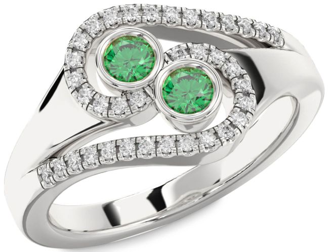 Diamond Emerald Silver Round Two Stone Birthstone Ring