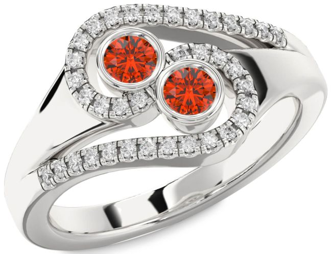 Diamond Fire Opal Silver Round Two Stone Ring