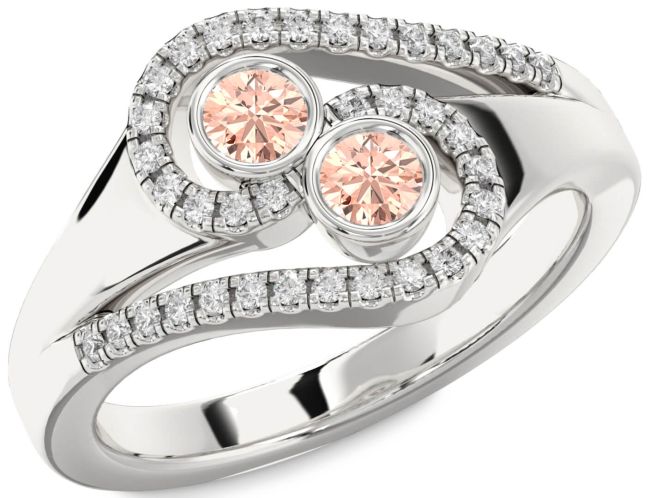 Diamond Morganite Silver Round Two Stone Ring