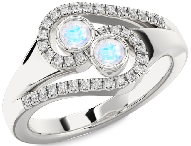 Diamond Moonstone Silver Round Two Stone Ring