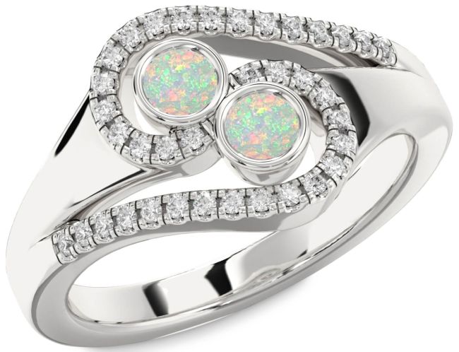 Diamond Opal Silver Round Two Stone Birthstone Ring